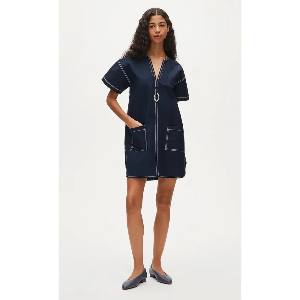 J Crew Patch Pocket Dress L Navy Blue NWT Structured Poplin Shift Coastal Prep